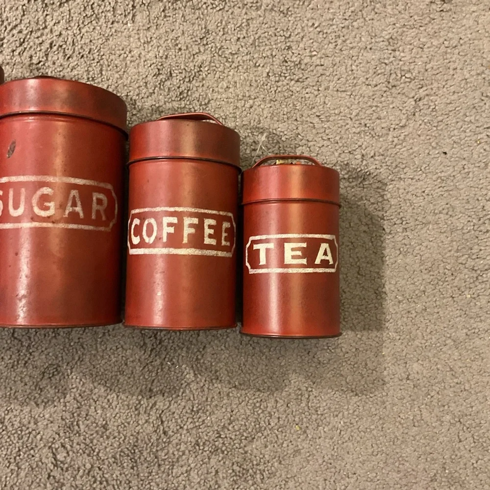 Vintage Flour Sugar Coffee Tea Red Metal Canister Set of 4 Tins Farmhouse w/Lids